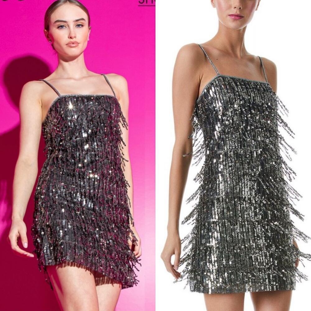 Alice + Olivia Chicago Sequin Fringe Mini Dress Gunmetal Silver/Gray Size US 4
